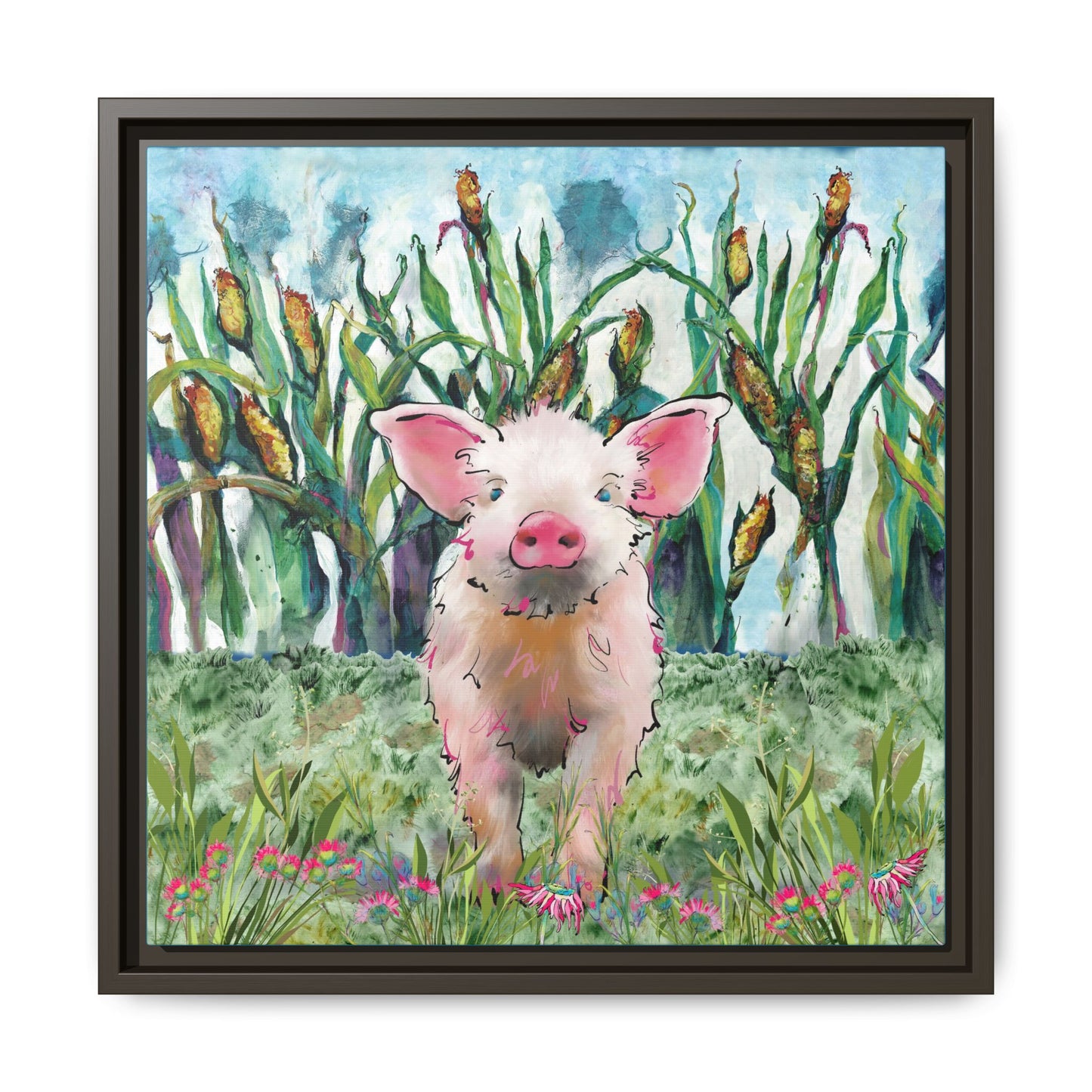 Framed artwork of a pink pig in a grassy field with flowers and plants. Espresso Frame