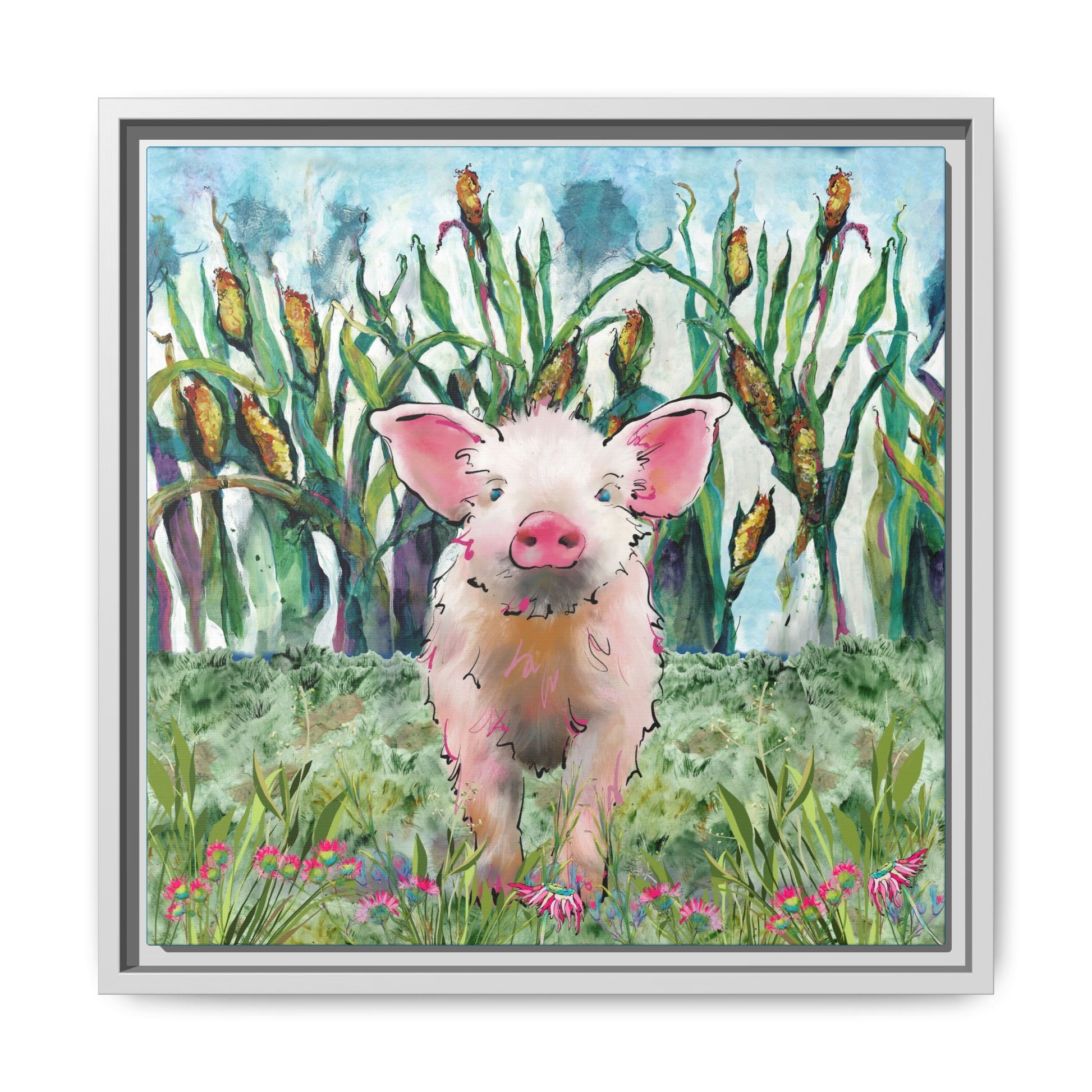 Framed artwork of a pink pig in a grassy field with flowers and plants. White frame