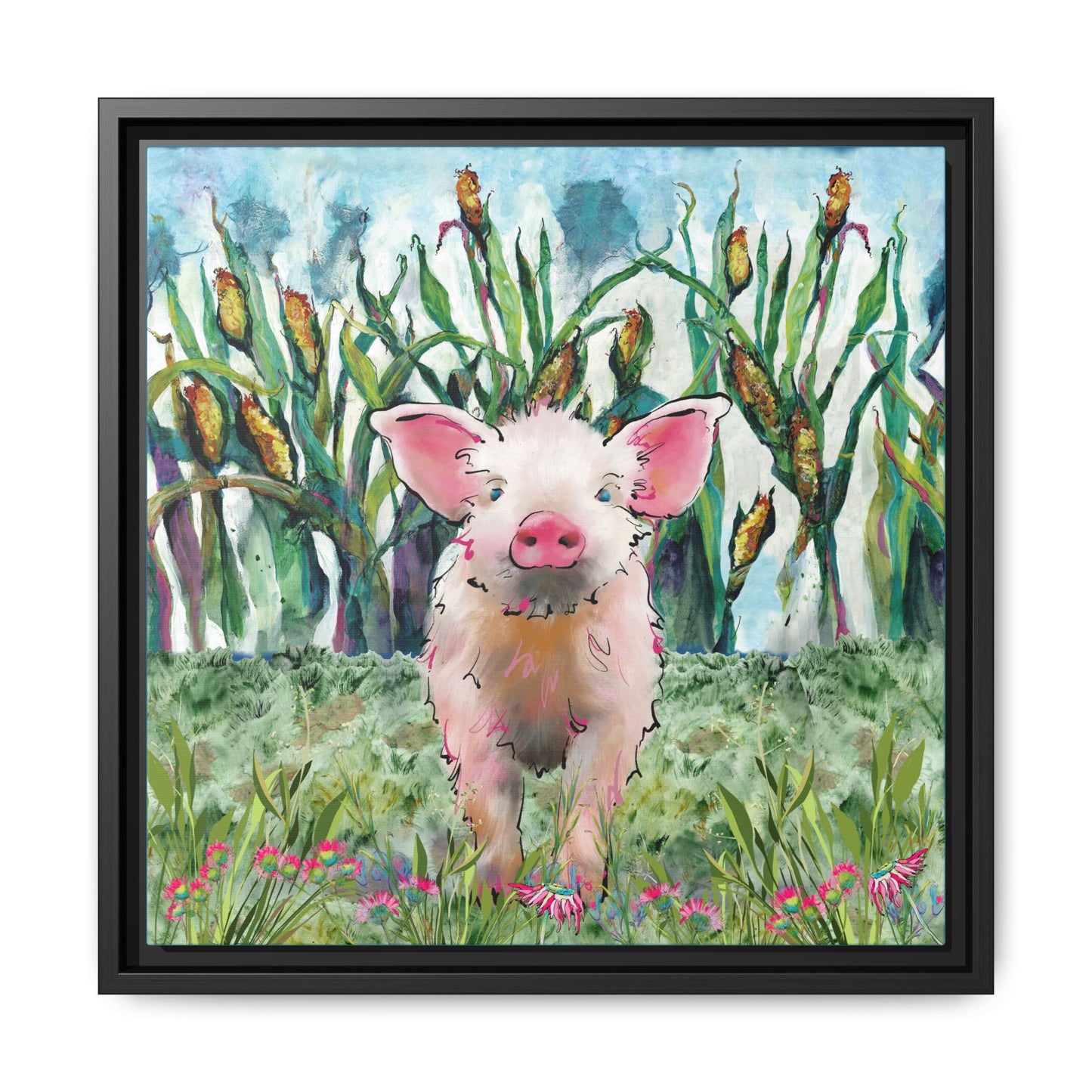 Framed artwork of a pink pig in a grassy field with flowers and corn stalks. Black frame