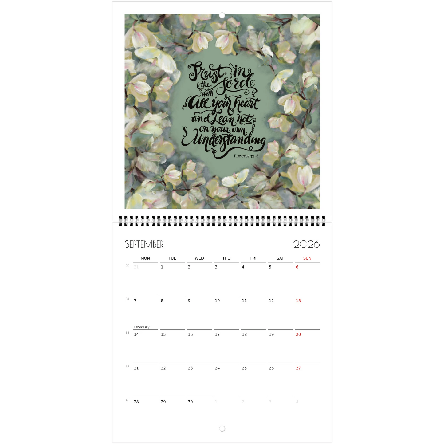 Calendar page for September 2026 Bible verse Trust in the Lord and floral border
