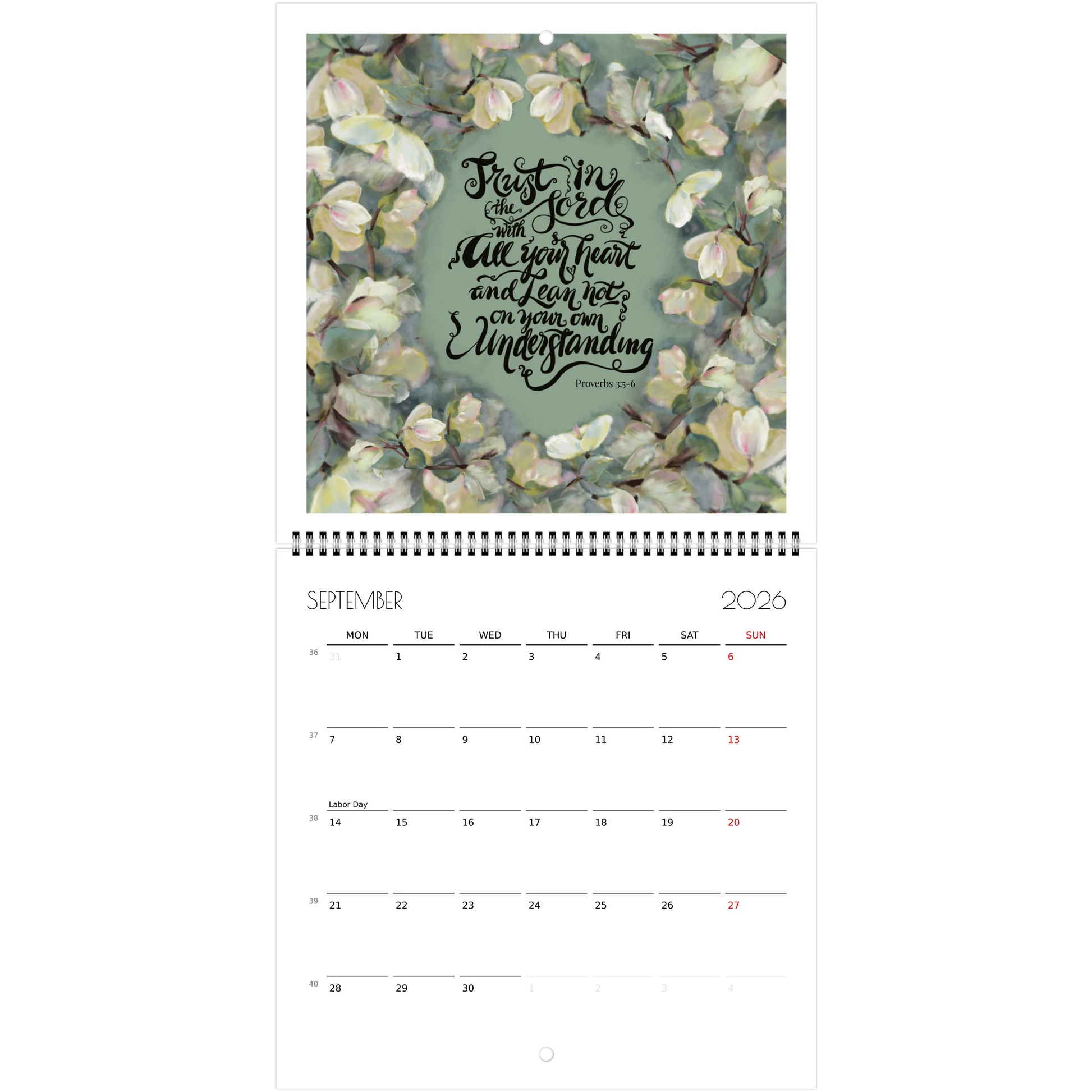Calendar page for September 2026 Bible verse Trust in the Lord and floral border