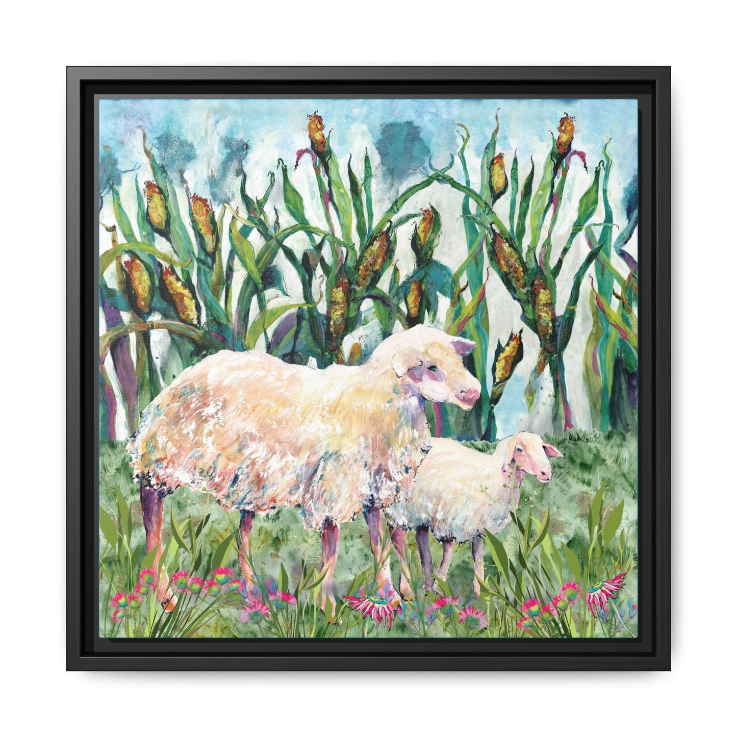 Framed artwork of two sheep in a field with tall grass and flowers. Black frame