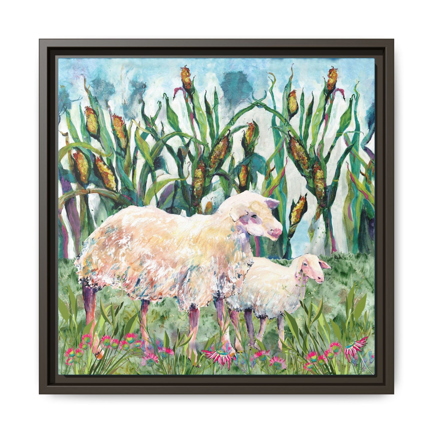 Framed artwork of two sheep in a field with tall grass and flowers. Espresso frame