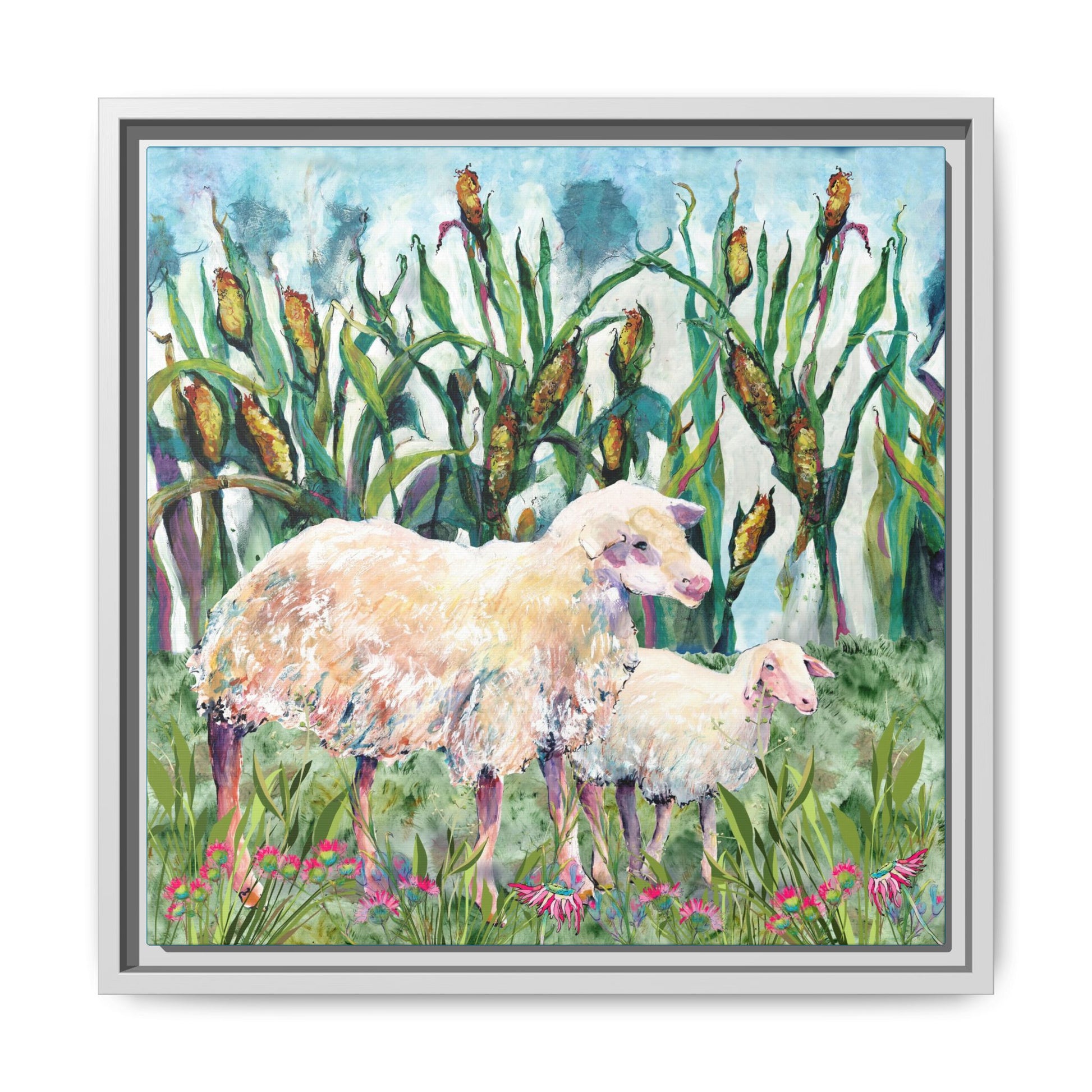 Framed artwork of two sheep in a field with tall grass and flowers. White frame