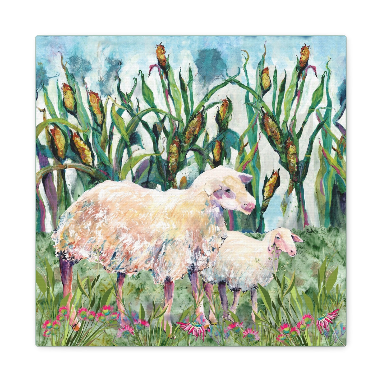 Two sheep in a field with tall grass and flowers, canvas print