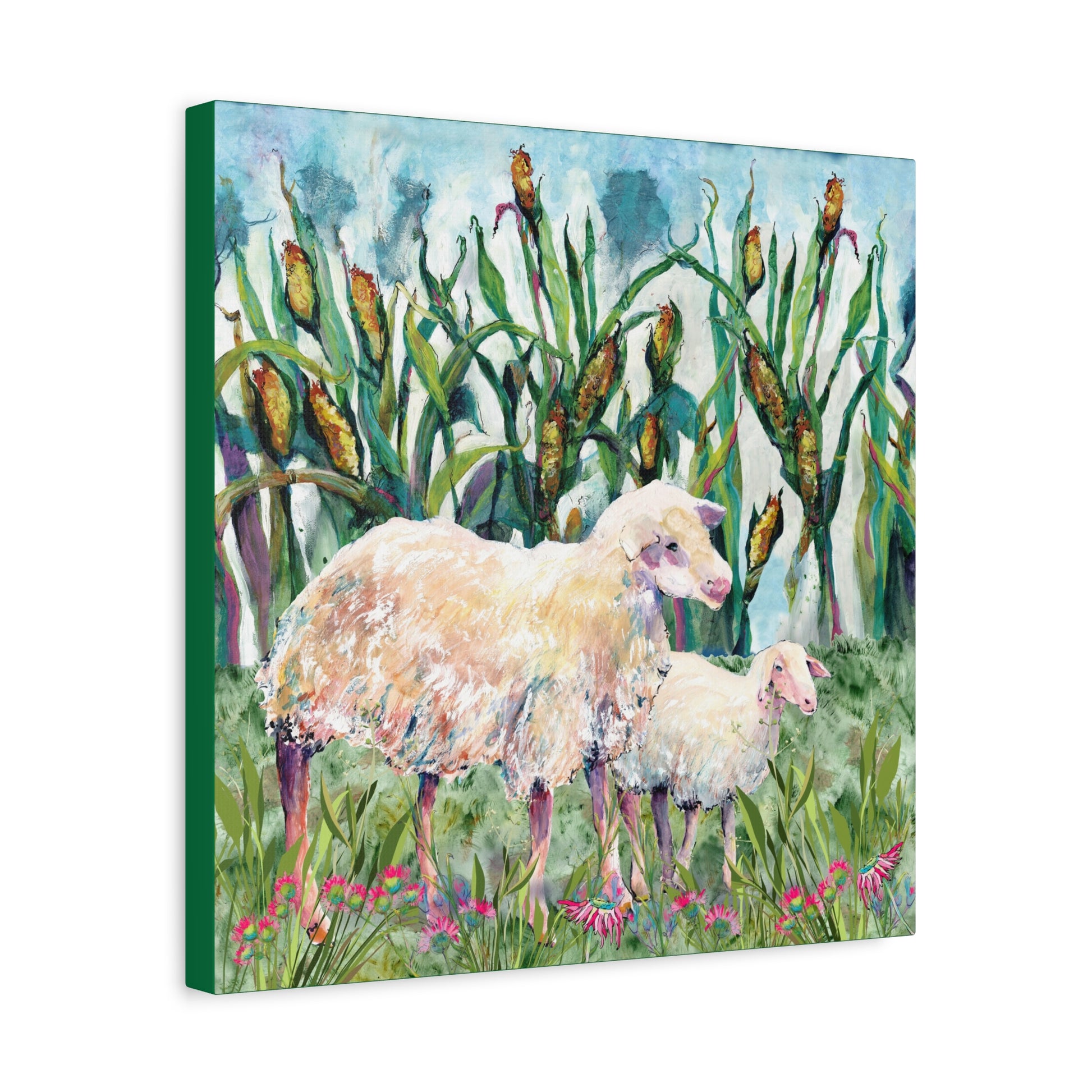 Canvas print of two sheep in a field with corn stalks and flowers. Side view