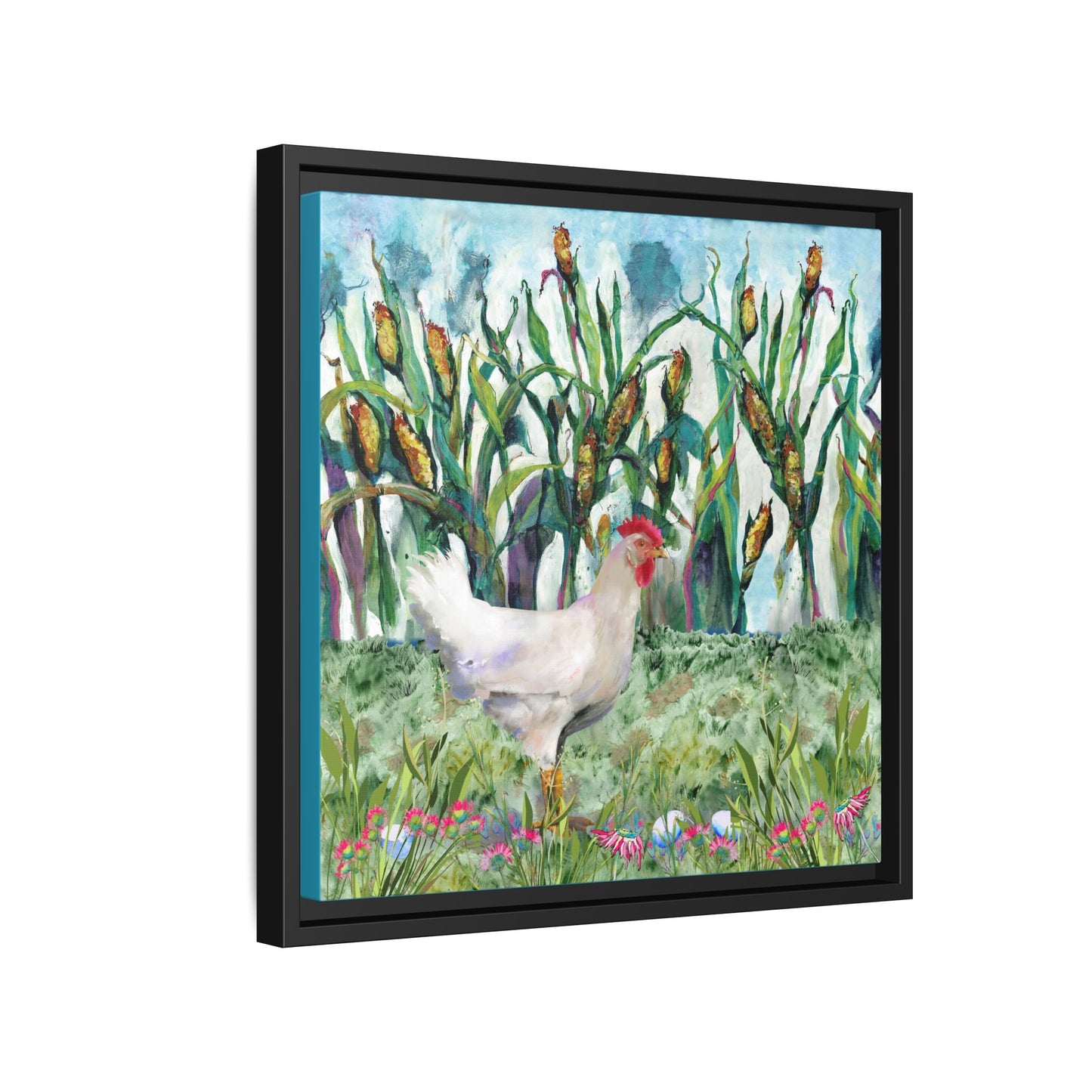 Side view of Framed artwork of a rooster in a field with corn stalks. Black frame