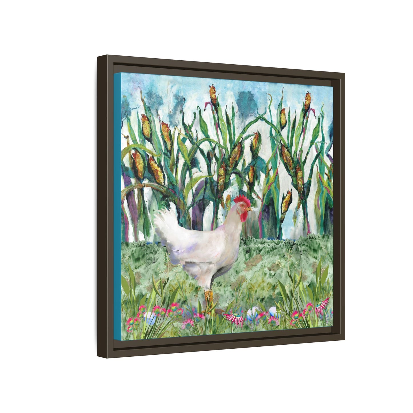 Side view of Framed artwork of a rooster in a field with corn stalks. Espresso Frame