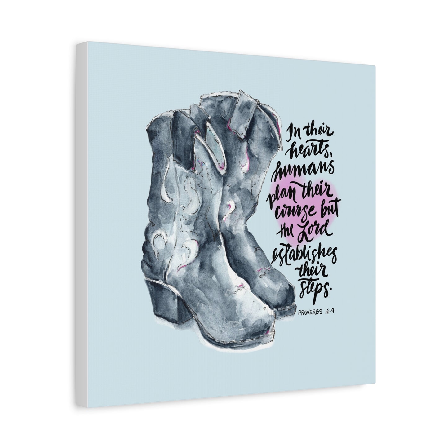 Canvas print with cowboy boots illustration and an inspirational Bible quote, The Lord Establishes our Steps, on a light blue background