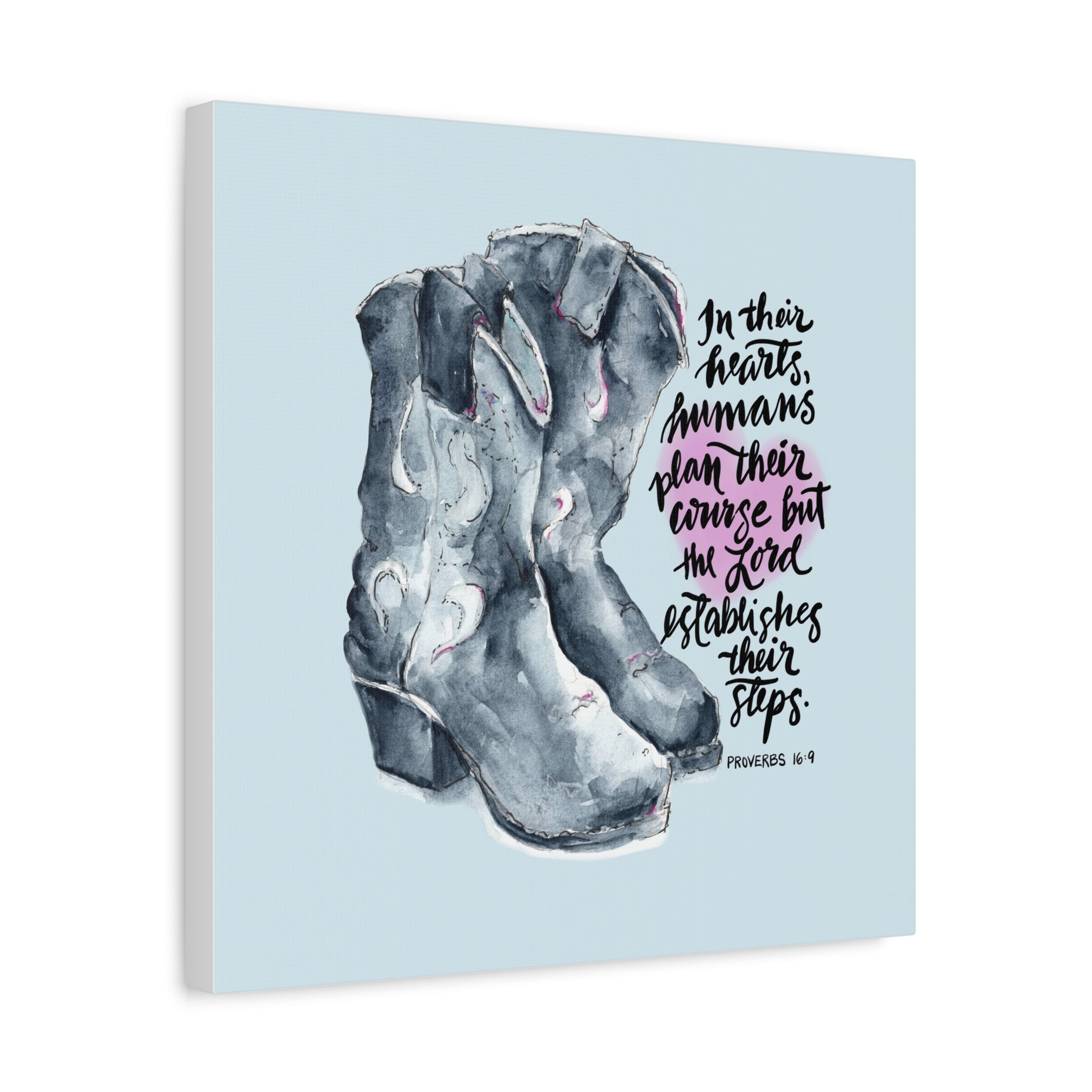 Canvas print with cowboy boots illustration and an inspirational Bible quote, The Lord Establishes our Steps, on a light blue background