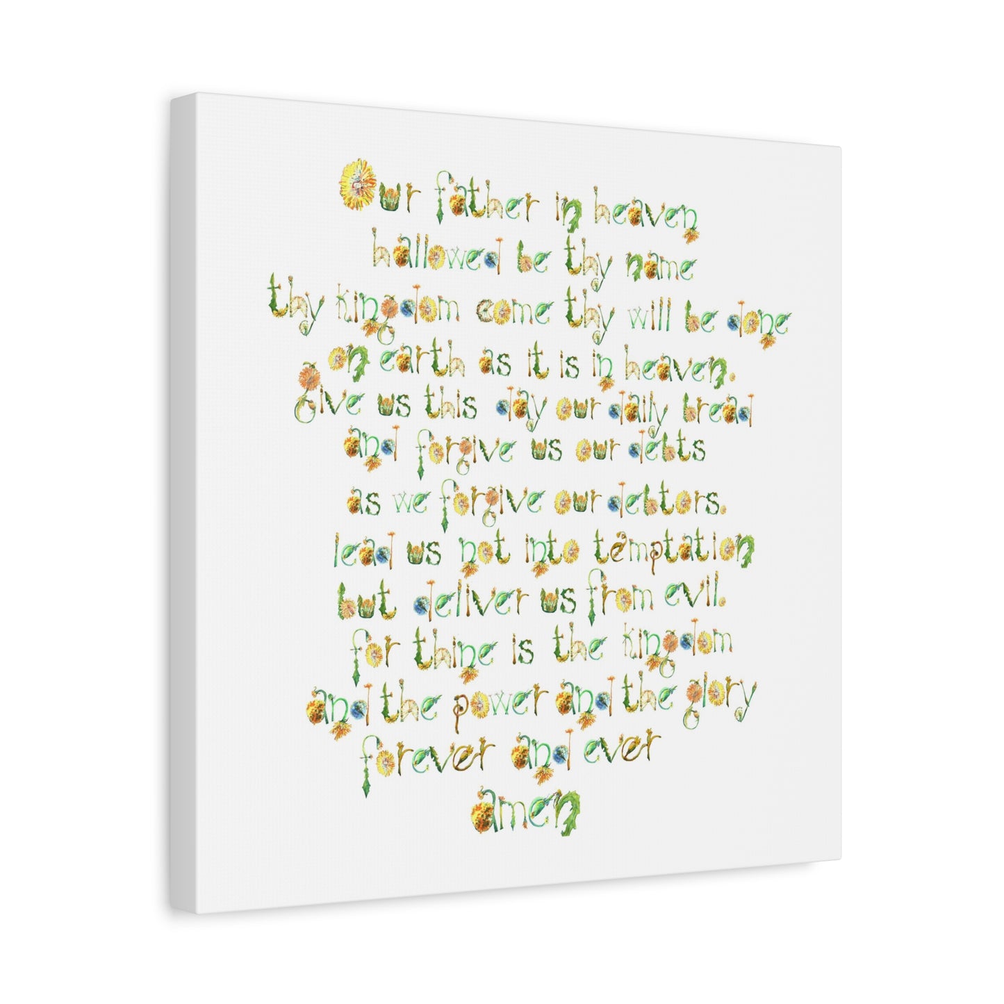 Side View of Canvas print of The Lord's Prayer with hand-drawn floral letters on a white background