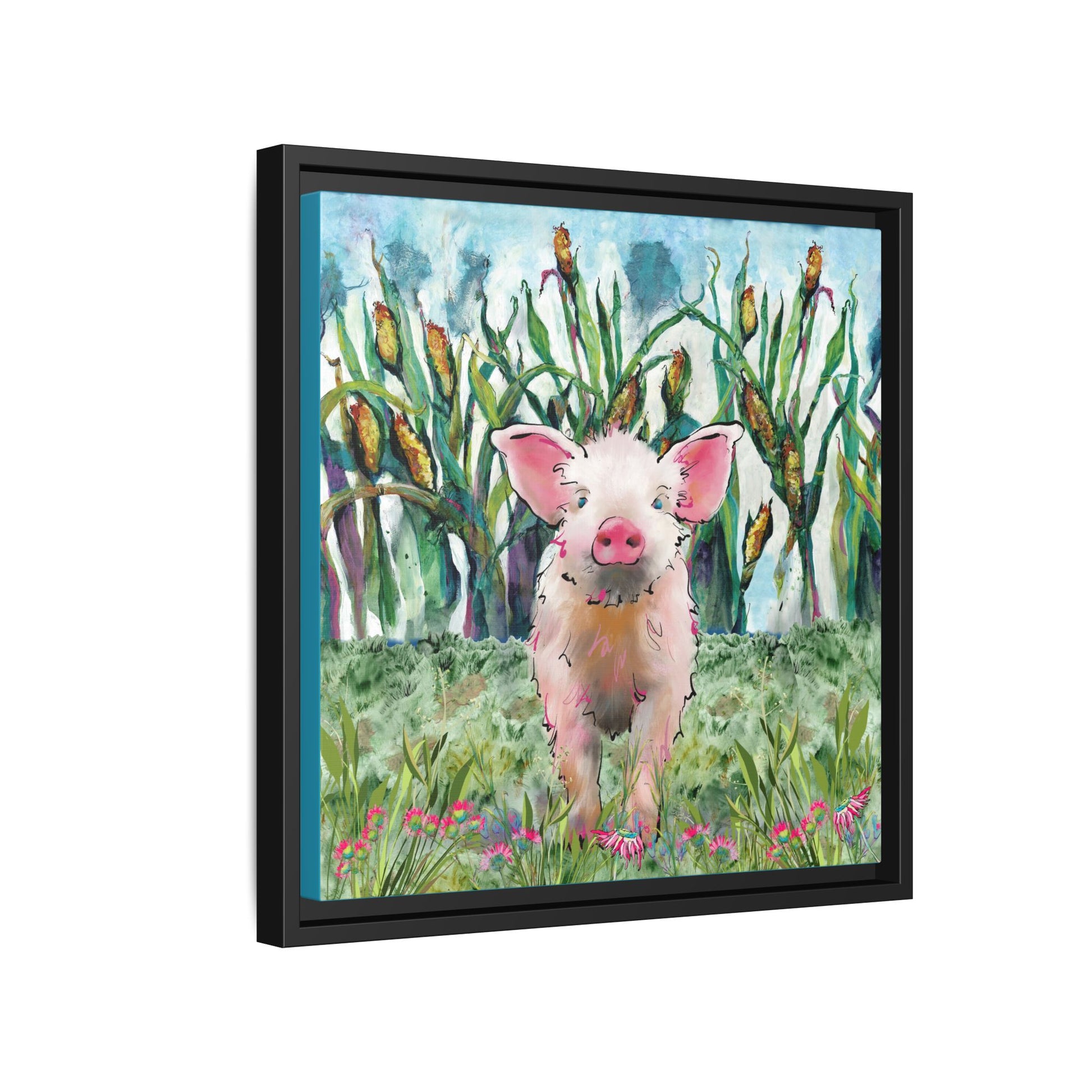 Side view Framed artwork of a pig in a field with corn stalks and flowers. black frame