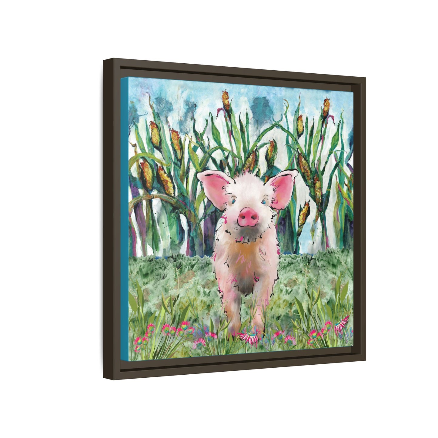 Framed artwork of a pig in a field with corn stalks and flowers. Side view, espresso frame