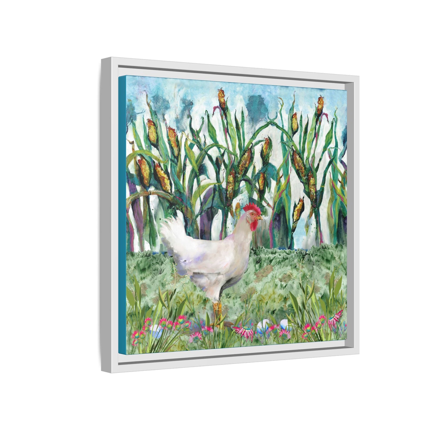 Side view of Framed artwork of a chicken in a field with corn stalks and flowers. White frame