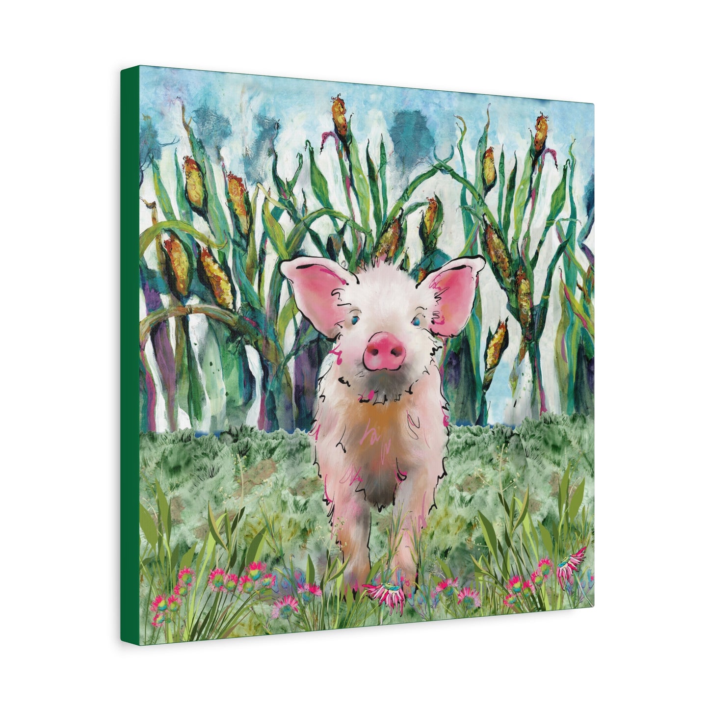 Canvas print of a pig in a field with corn and flowers, side view