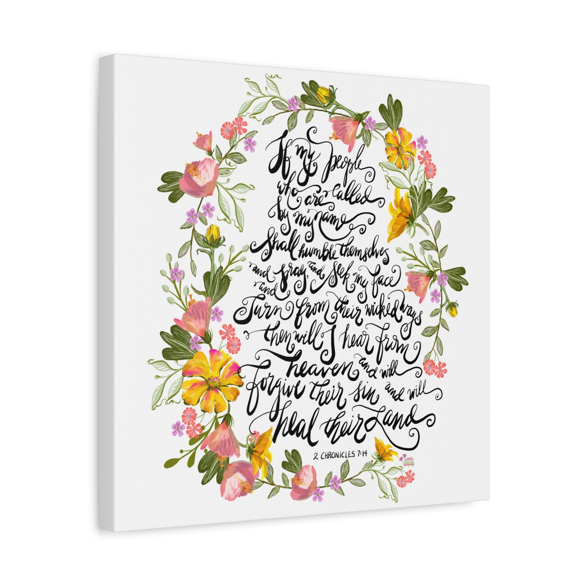 Side view of Canvas print with floral design and Bible verse text, If my people who are called by my name, on a white background