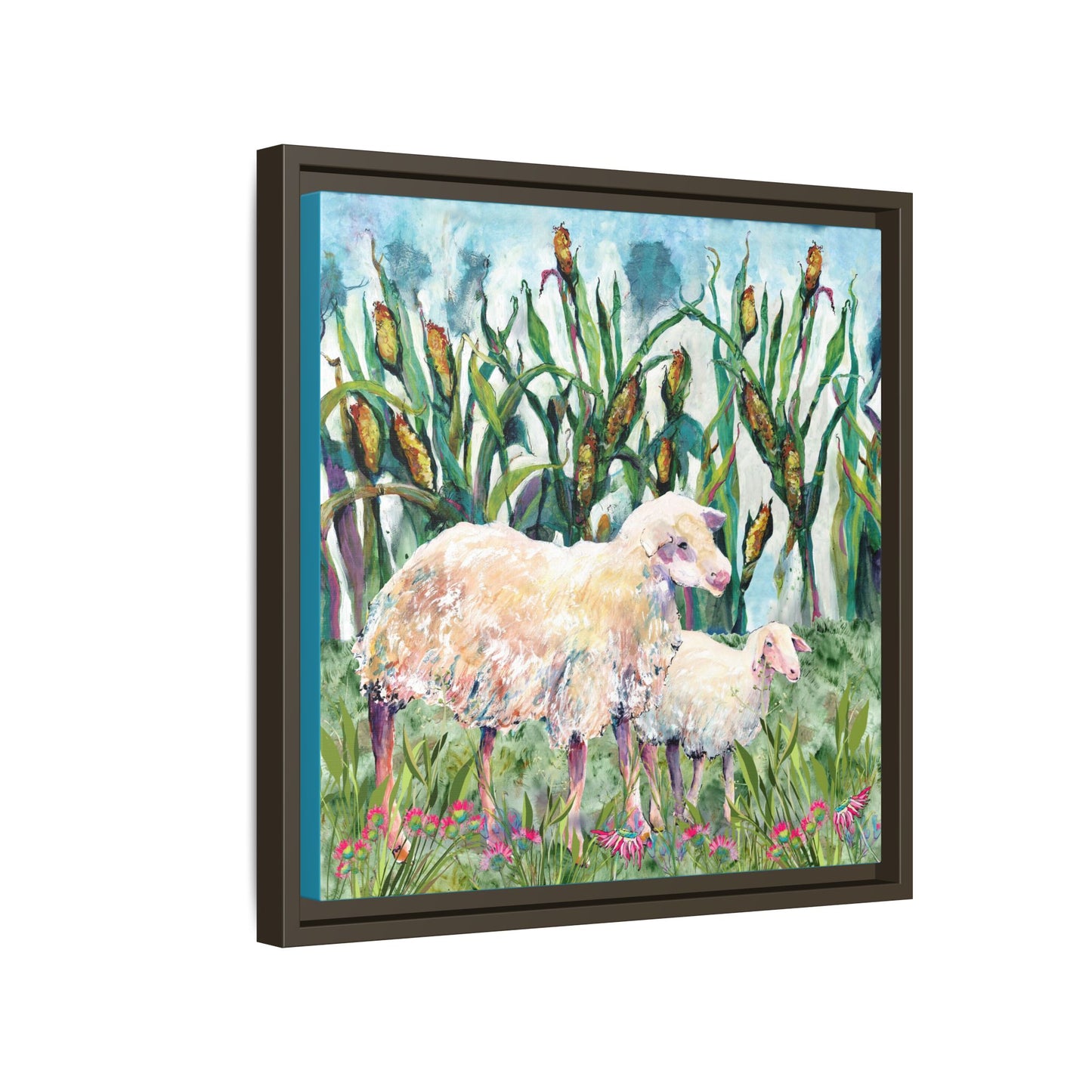 Side view Framed artwork of two sheep in a field with tall grass and flowers. Espresso Frame