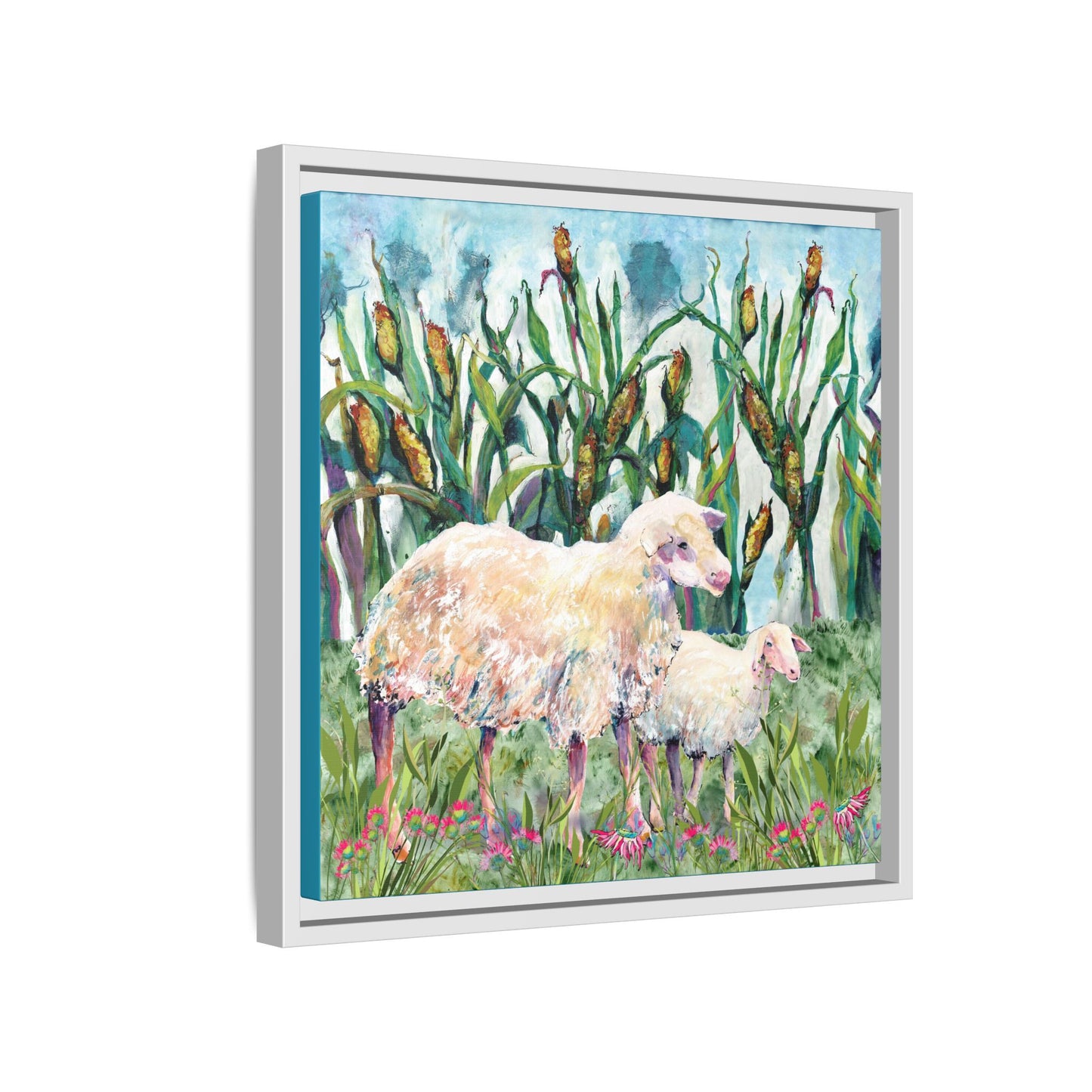 Side view Framed artwork of two sheep in a field with tall grass and flowers. White frame