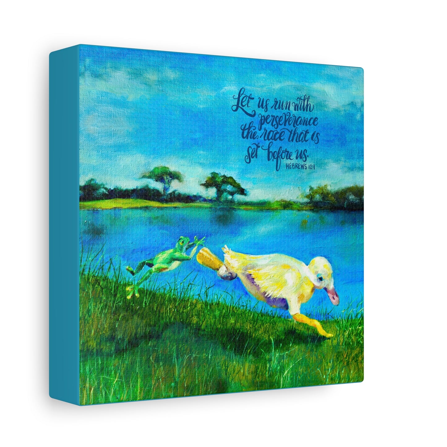 Canvas print with a painting of a duck and frog by a lake, featuring a motivational Bible quote Run with Perseverance