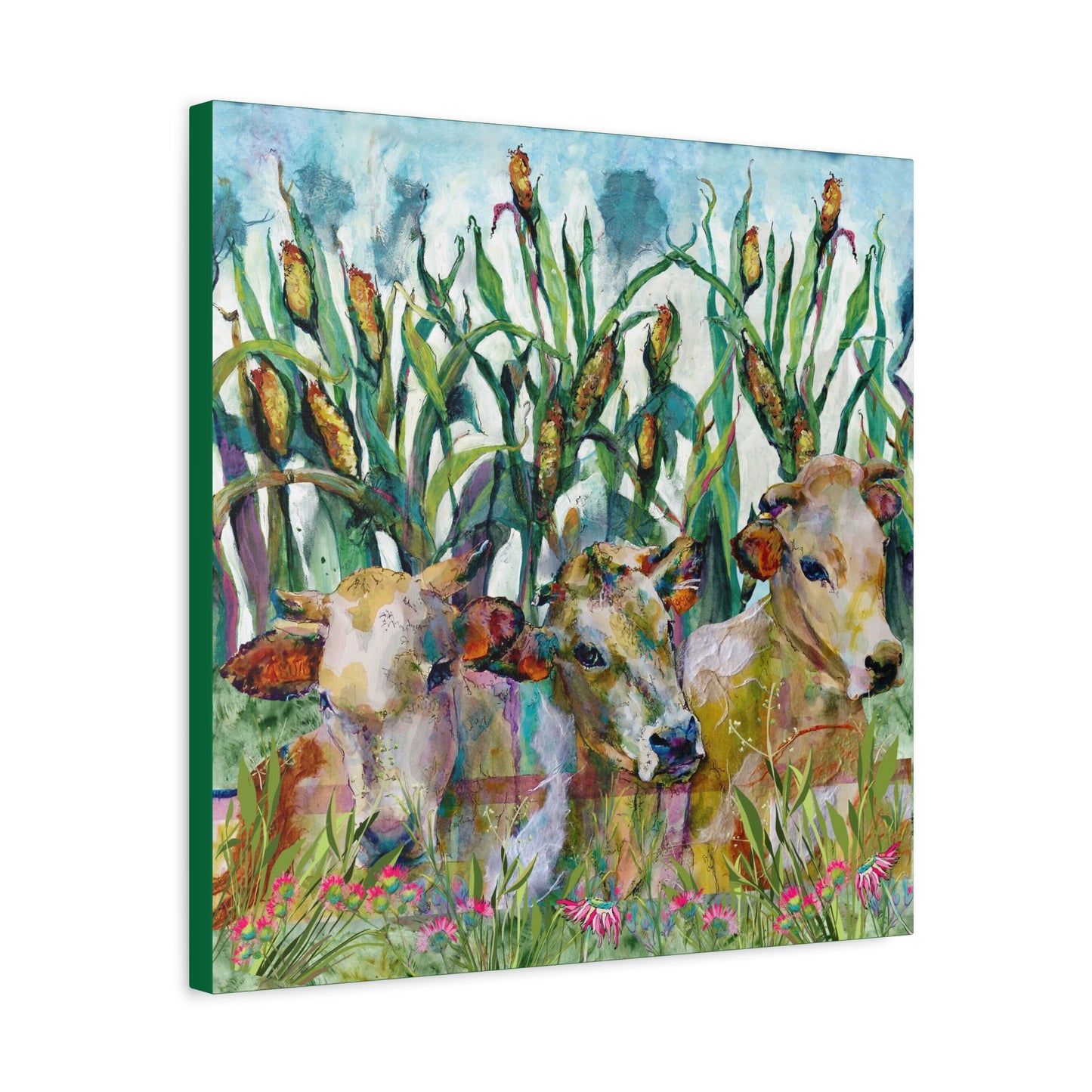 Side view of Canvas print of three cows in a field with corn and flowers