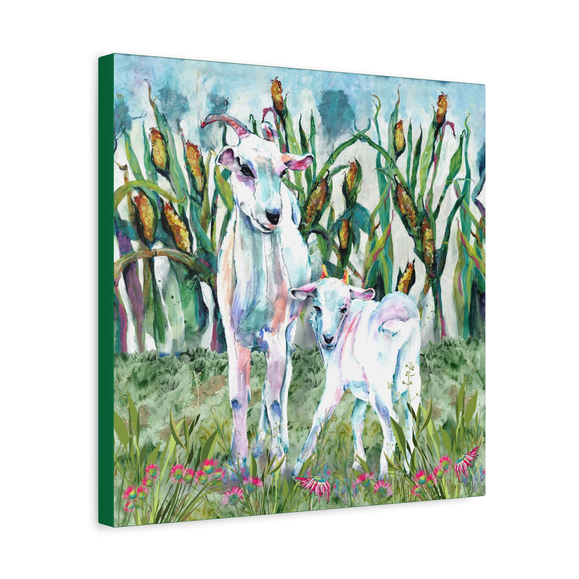 Canvas print of two goats in a field with corn stalks and flowers. Side view