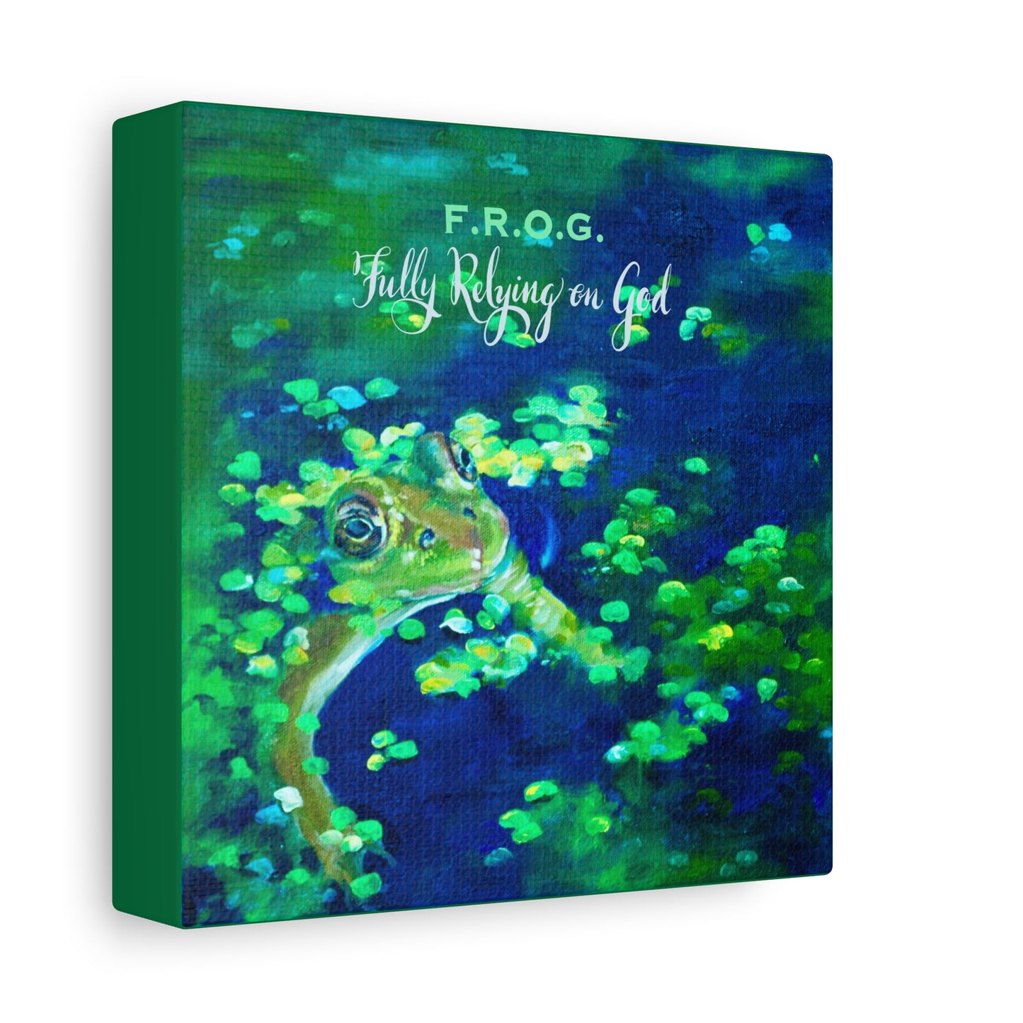 Side view of Canvas print of a frog and 'F.R.O.G. Fully Relying on God' text against a green and blue background.