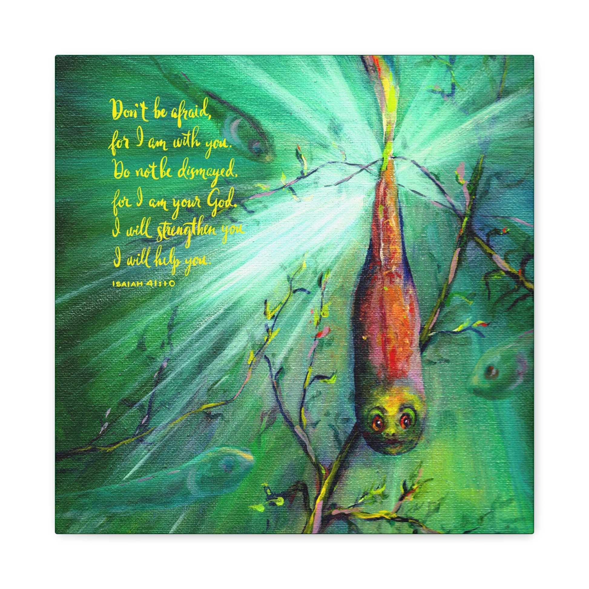 Artistic depiction of a tadpole with a Bible quote Do not be afraid on a green background