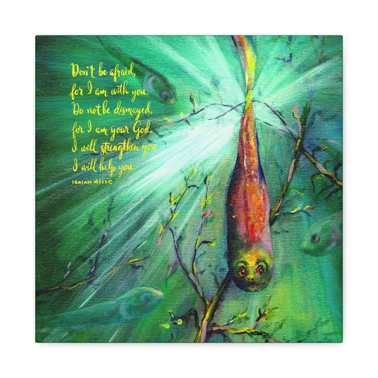 Artistic depiction of a tadpole with a Bible quote Do not be afraid on a green background