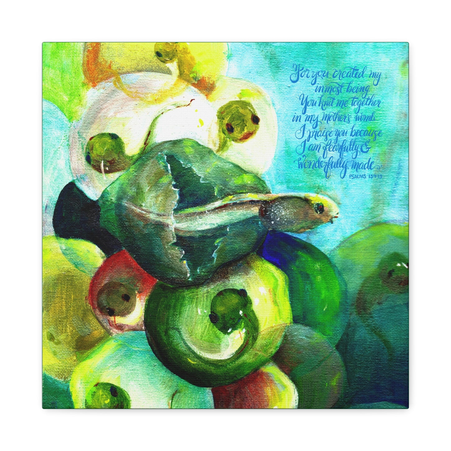 Colorful painting of a tadpole and frog eggs with Bible verse about Wonderfully Made on a blue background