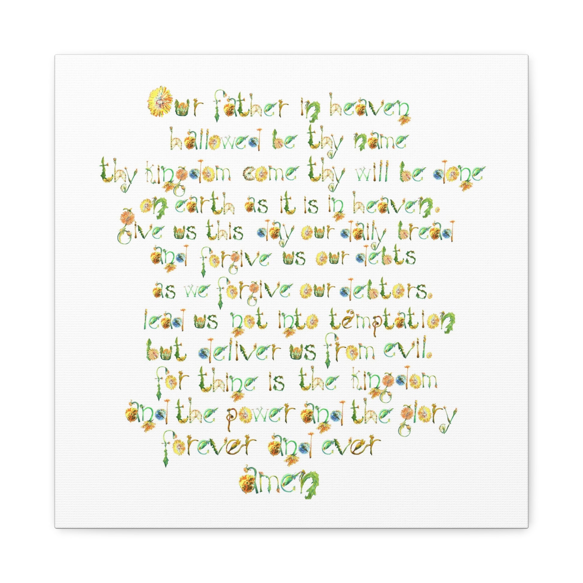 Canvas print with Text of the Lord's Prayer in a hand-drawn decorative floral font on a white background