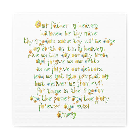 Canvas print with Text of the Lord's Prayer in a hand-drawn decorative floral font on a white background