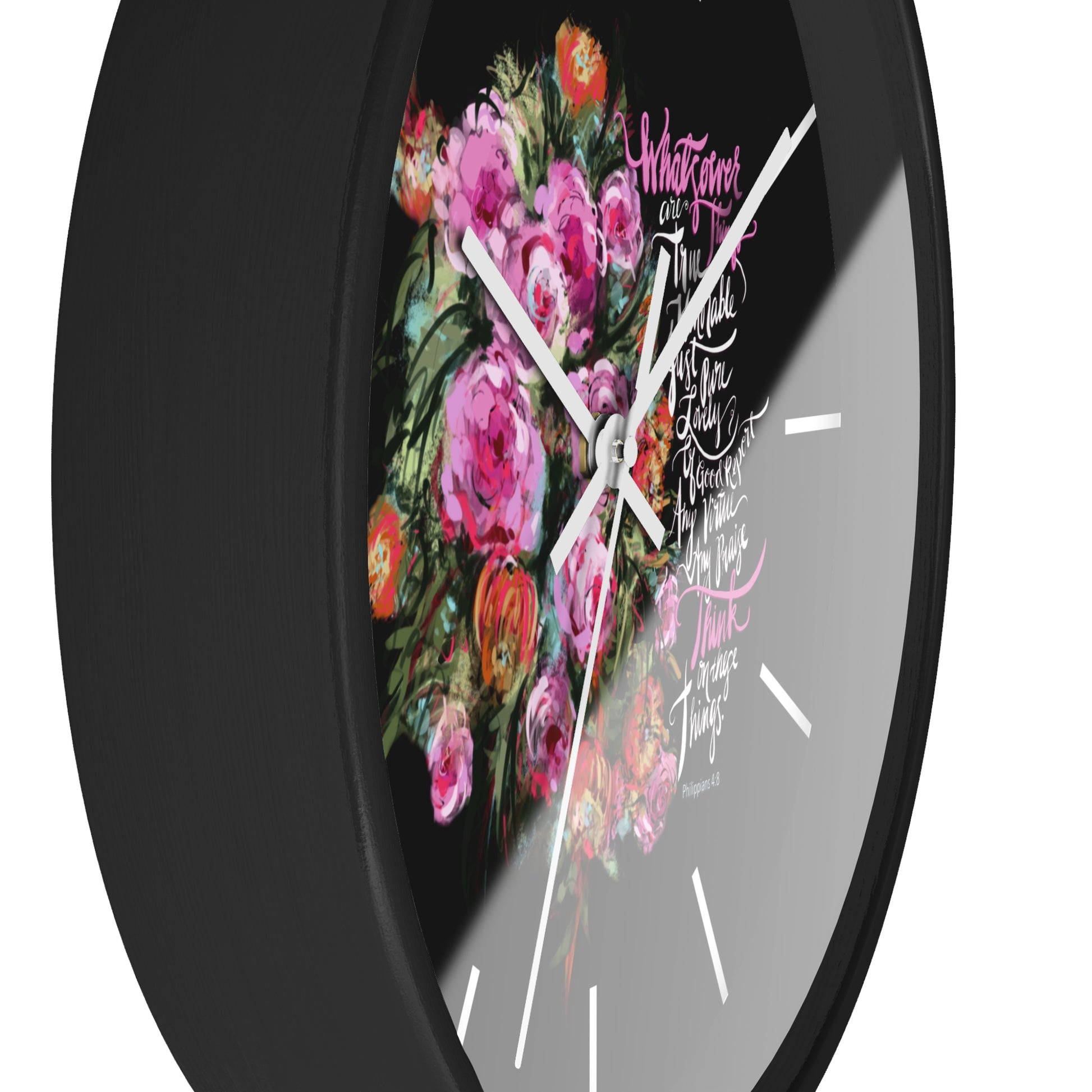 Side view of Wall clock with floral design and Bible verse text and black frame 