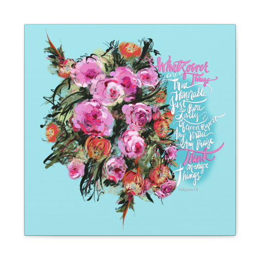 Floral bouquet painting with Bible Verse on a light blue background canvas print