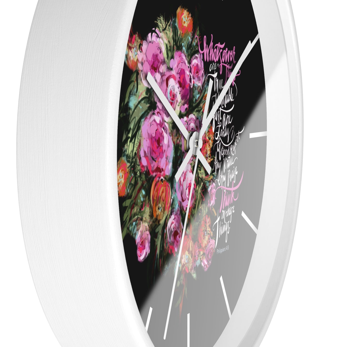 Side view of Wall clock  with white frame, with floral design and Bible verse text on a black background