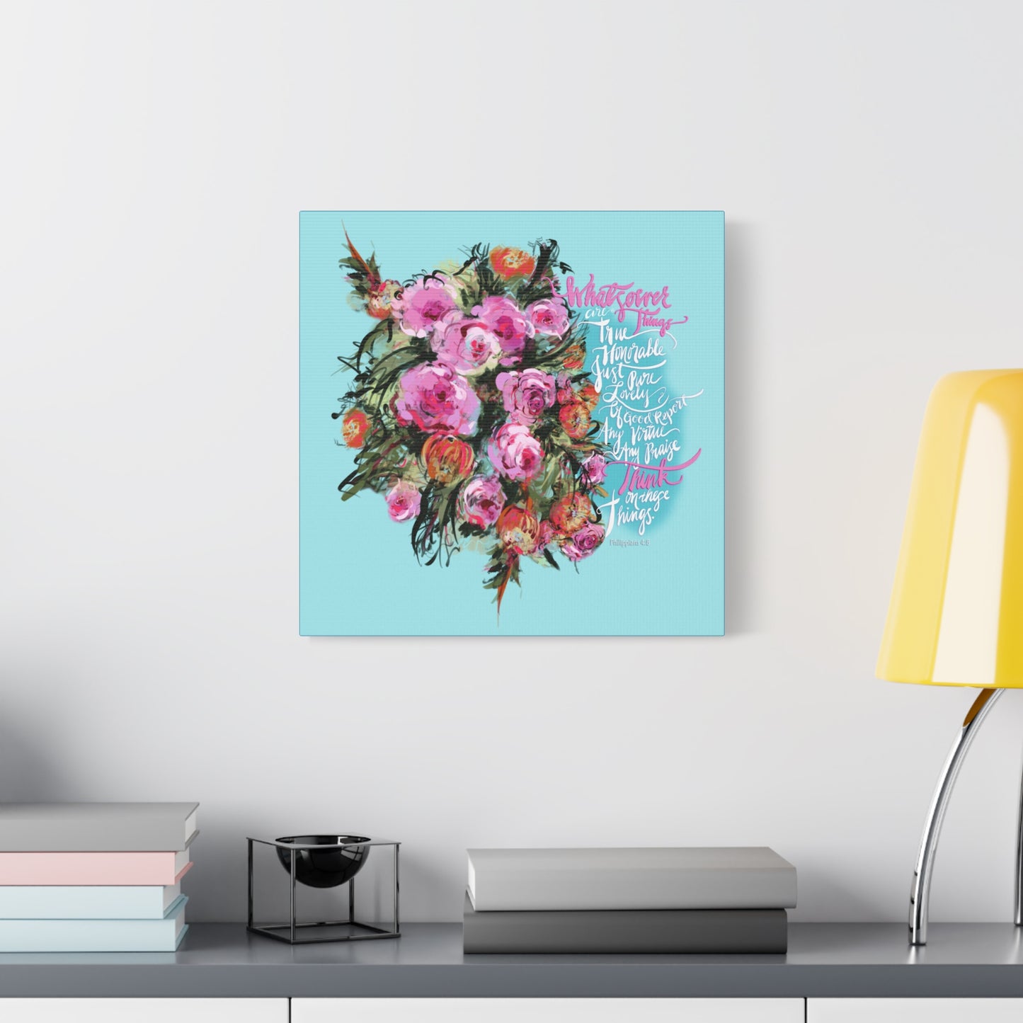 Painting of Bible Verse Whatsoever Things and  Floral wreath hanging on wall in an office setting