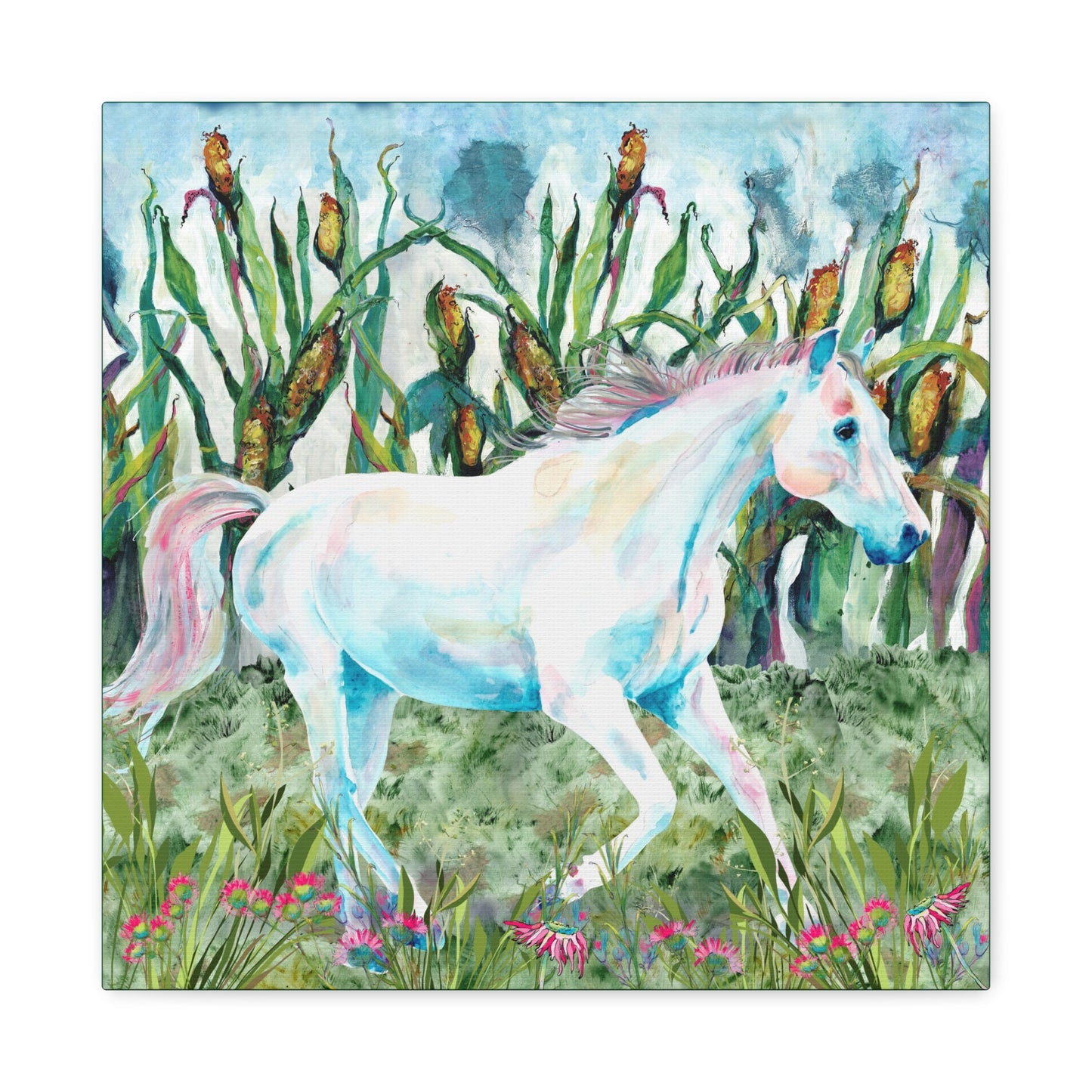 Colorful illustration of a horse in a field with flowers and plants. Canvas print
