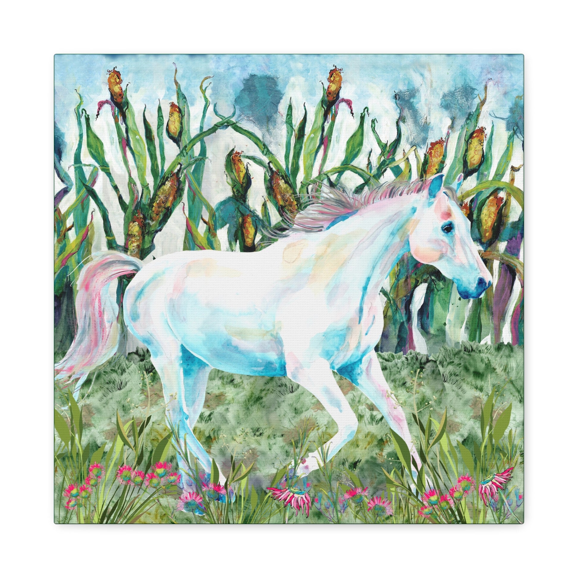 Colorful illustration of a horse in a field with flowers and plants. Canvas print
