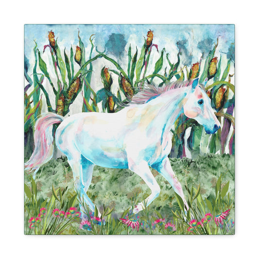 Colorful illustration of a horse in a field with flowers and plants. Canvas print