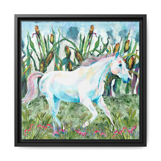 Framed artwork of a colorful horse in a natural setting with plants and flowers. Black frame