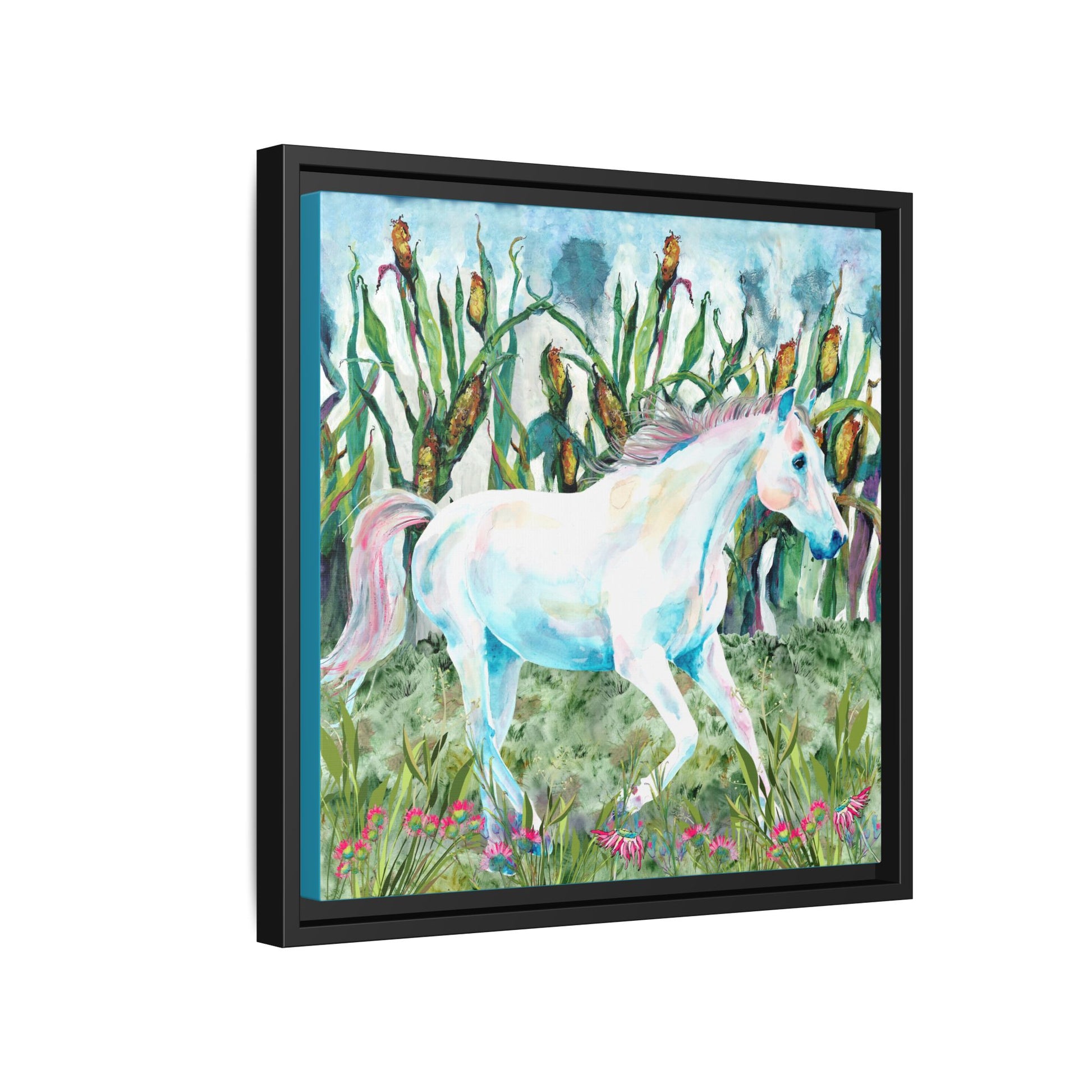 Framed artwork of a horse in a grassy field with flowers side view black frame