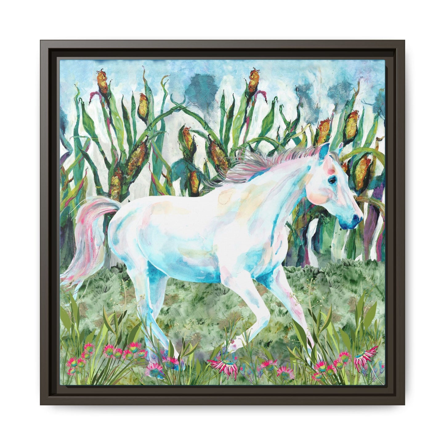 Framed artwork of a colorful horse in a grassy field with flowers and plants. Espresso Frame