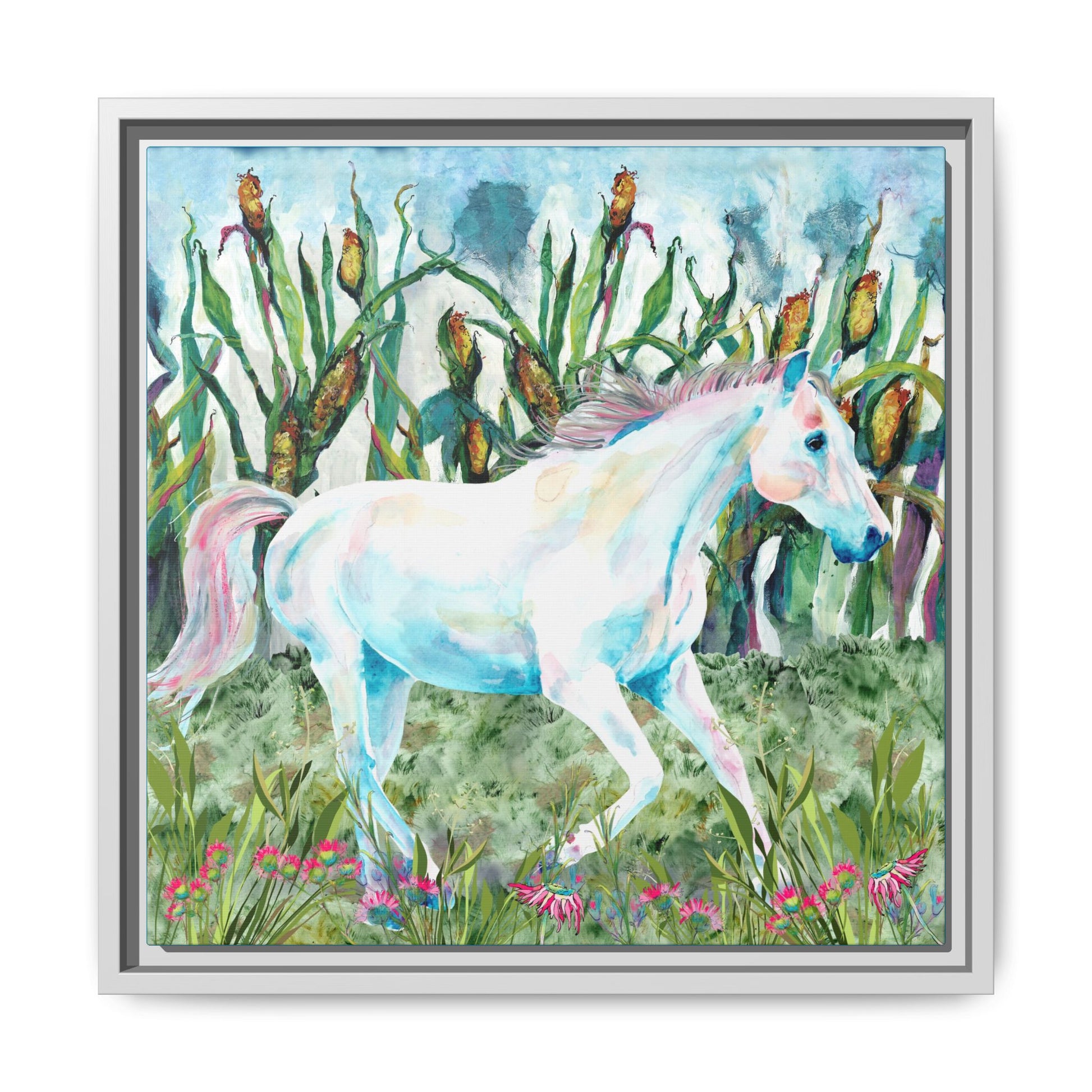 Framed artwork of a colorful horse in a fantasy landscape with flowers and plants. 