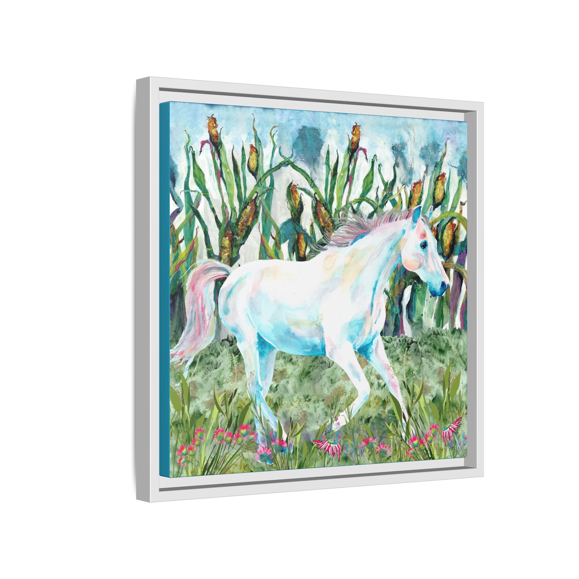 Framed artwork of a white horse in a grassy field with flowers, side view white frame