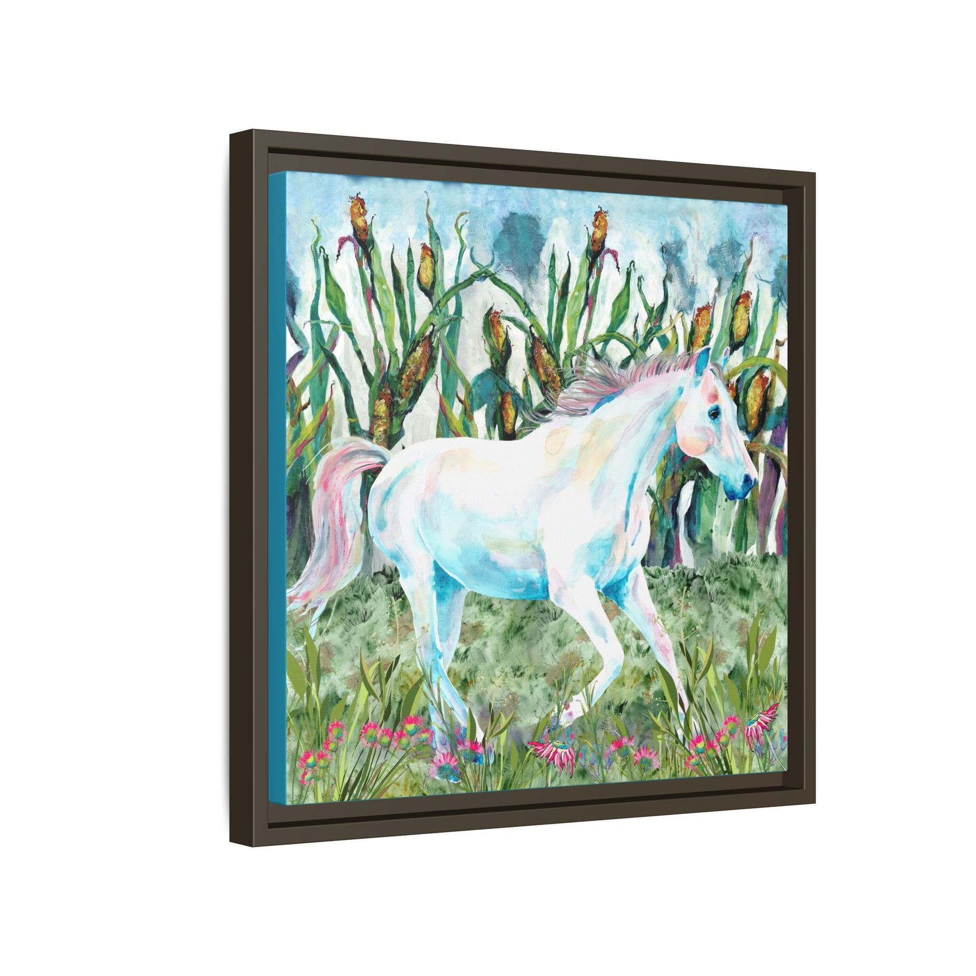 Framed artwork of a  white horse in a grassy field with flowers side view espresso frame
