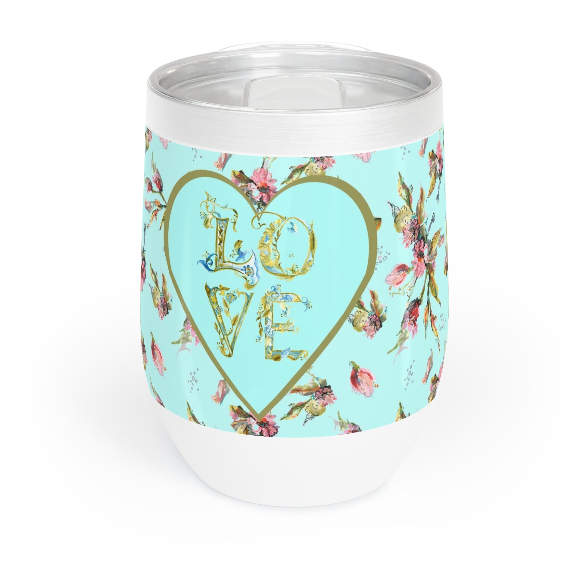 Wine Tumbler with pink floral design and 'LOVE' text on a turquoise background
