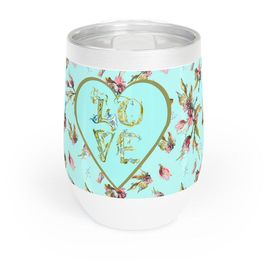 Wine Tumbler with pink floral design and 'LOVE' text on a turquoise background